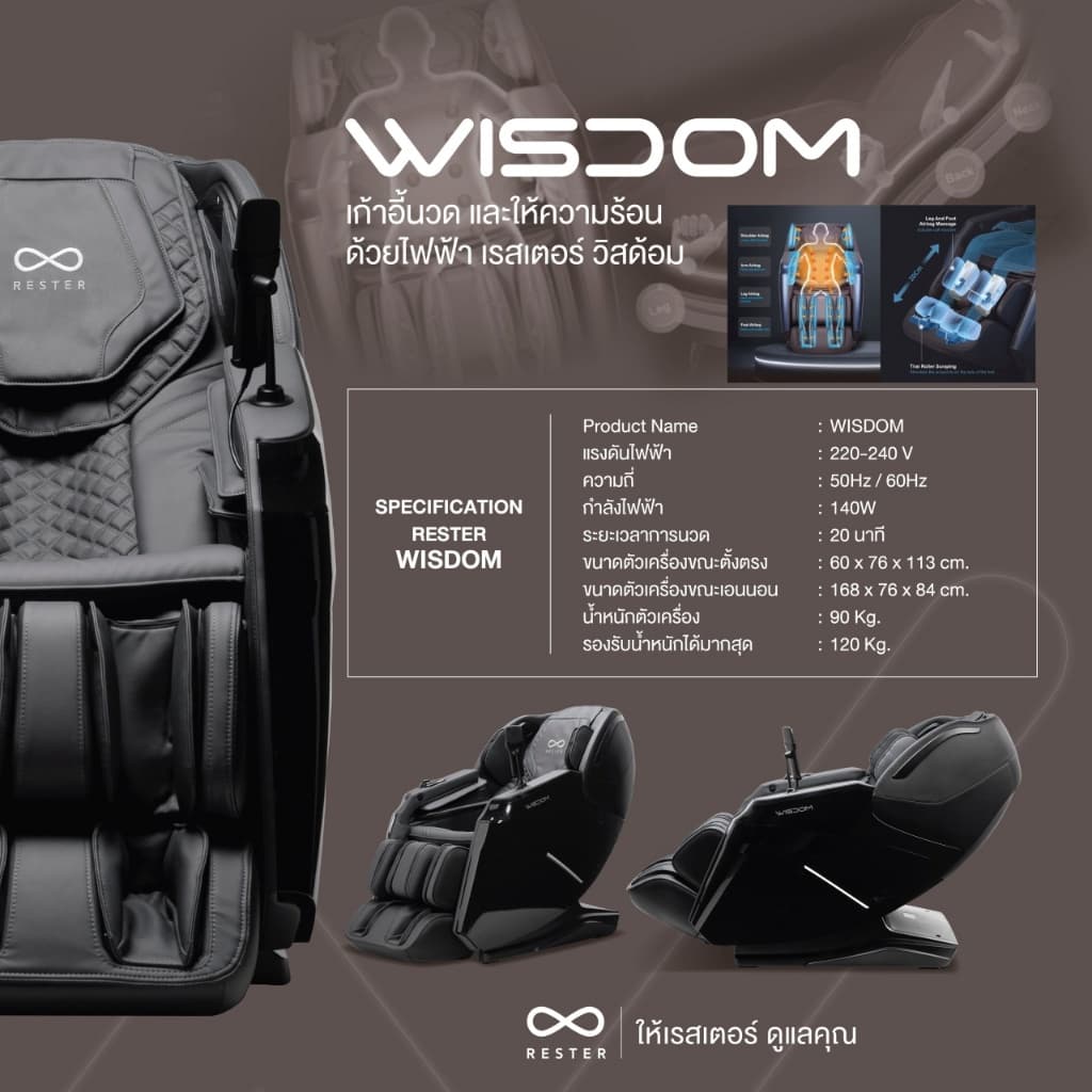Rester Wisdom เก้าอี้นวดไฟฟ้า โปรแกรมอัตโนมัติ ระบบสแกนร่างกาย (Body Scan) ปรับตำแหน่งการนวด ระบบ Zero Gravity บรรเทาอาการปวดหลัง ฟื้นฟูร่างกาย ผ่อนคลายกล้ามเนื้อ ลดความเครียด โซฟานวดไฟฟ้า ผ่อนคลายความเหนื่อยล้า https://lnwchill.com