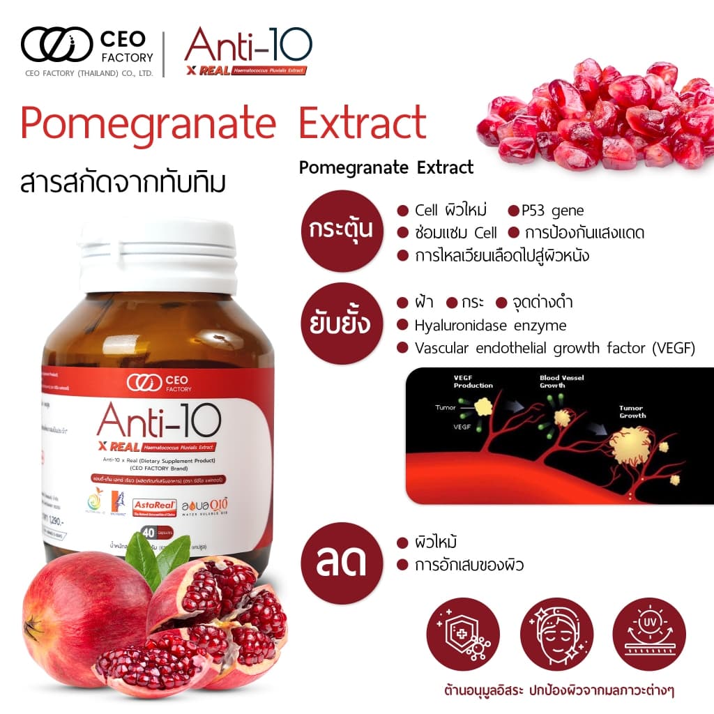 CEO Factory Astaxanthin Astareal แคปซูล Capsules แอสตาแซนธิน แอนตี้-เท็น เอกซ์ เรียว Anti-10 x Real (ผลิตภัณฑ์เสริมอาหาร) (ตรา ซีอีโอ แฟคตอรี่) สาหร่ายสีแดง ฮีมาโตค็อกคัส พลูวิเอลิส 40 แคปซูล https://lnwchill.com