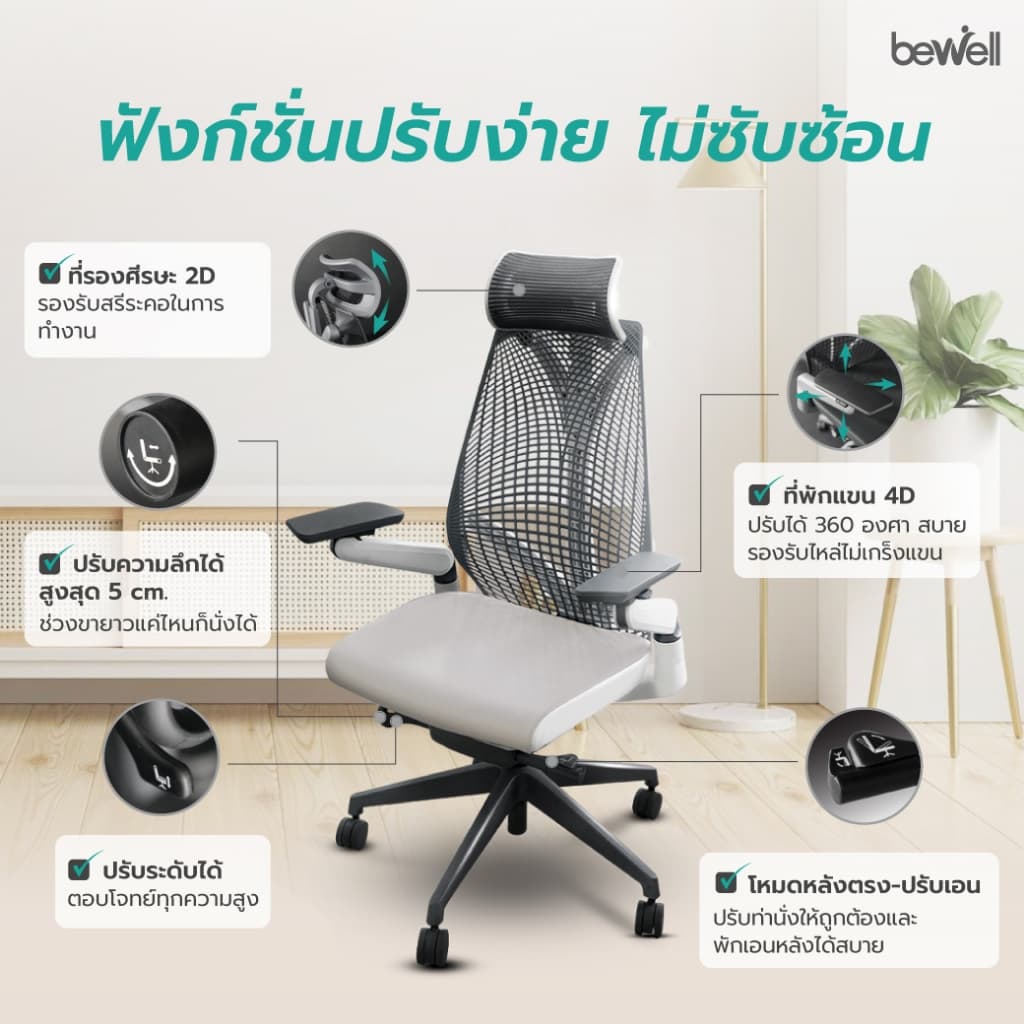 Bewell รุ่น Embrace เก้าอี้ทำงานเพื่อสุขภาพ Ergonomic Chair ระบายอากาศดีเยี่ยม ทันสมัย ซัพพอร์ตการนั่ง เก้าอี้เกรดพรีเมี่ยม https://lnwchill.com