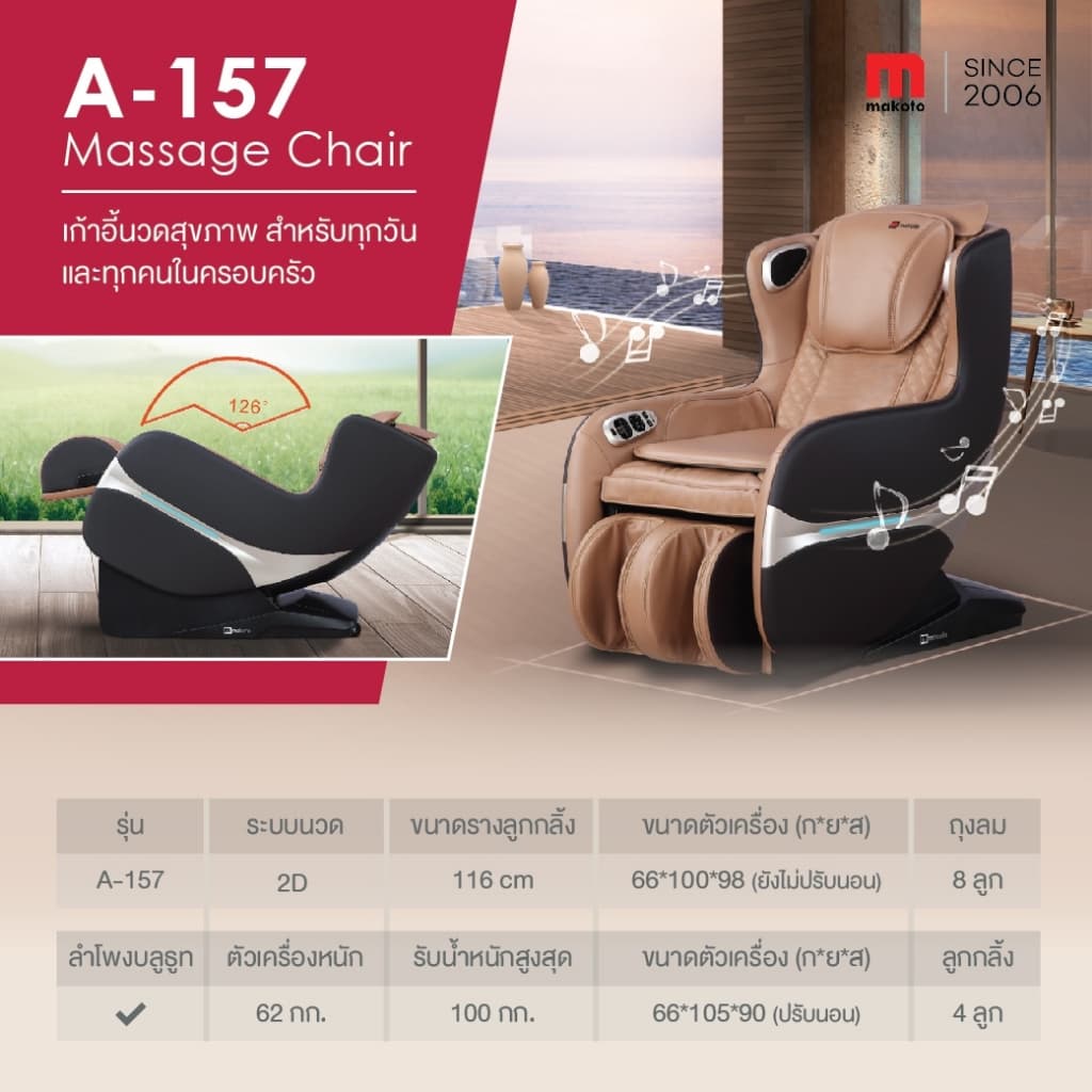 Makoto A157 เก้าอี้นวดไฟฟ้า Auto 6 โปรแกรม Leg Heat/ Bluetooth/ USB เก้าอี้เบาะนุ่ม กระตุ้นการไหลเวียนโลหิต นวดแบบผสมผสาน นวดสั่น นวดคลึง นวดกดจุด นวดทุบ ระบบสแกนร่างกาย (Body Scan) https://lnwchill.com