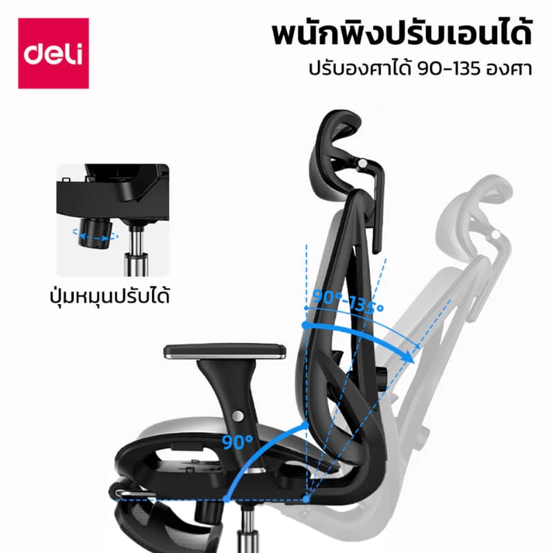 Deli เก้าอี้ทำงานเพื่อสุขภาพ นุ่มสบาย ตามหลักสรีระศาสตร์ Ergonomic ระบายอากาศดีเยี่ยม เกรดพรีเมี่ยม เก้าอี้ออฟฟิศ เก้าอี้ทำงาน เก้าอี้สีดำ เก้าอี้สีเทา ปรับเอนหลังได้ถึง135องศา พนักพิงศีรษะ ปรับที่วางแขนได้ Office Chair https://lnwchill.com