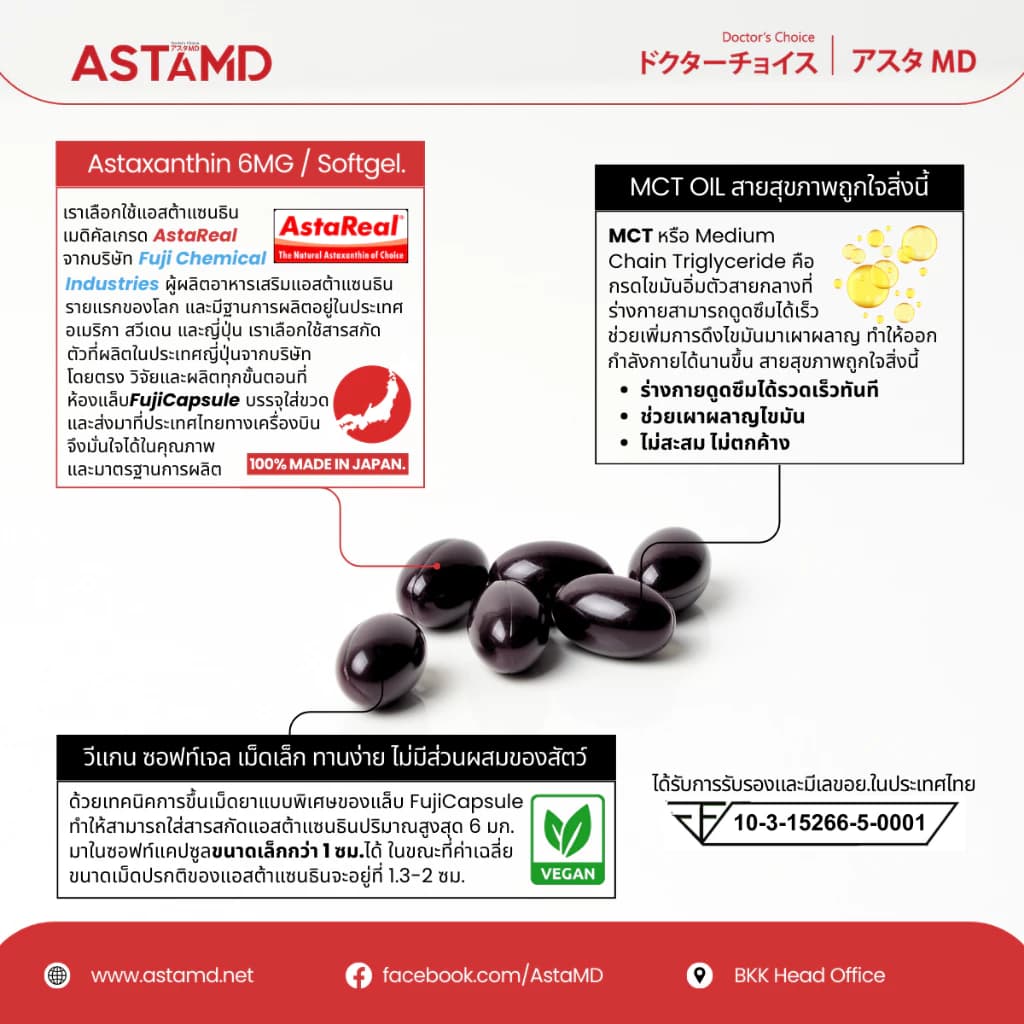 ASTAMD Astaxanthin ซอฟต์เจล Softgel Asta M.D. นำเข้าจากญี่ปุ่น 1 ขวด 60 เม็ด สูตรงานวิจัย Original AstaREAL สาหร่ายสีแดง ฮีมาโตค็อกคัสพลูวิเอลิส https://lnwchill.com