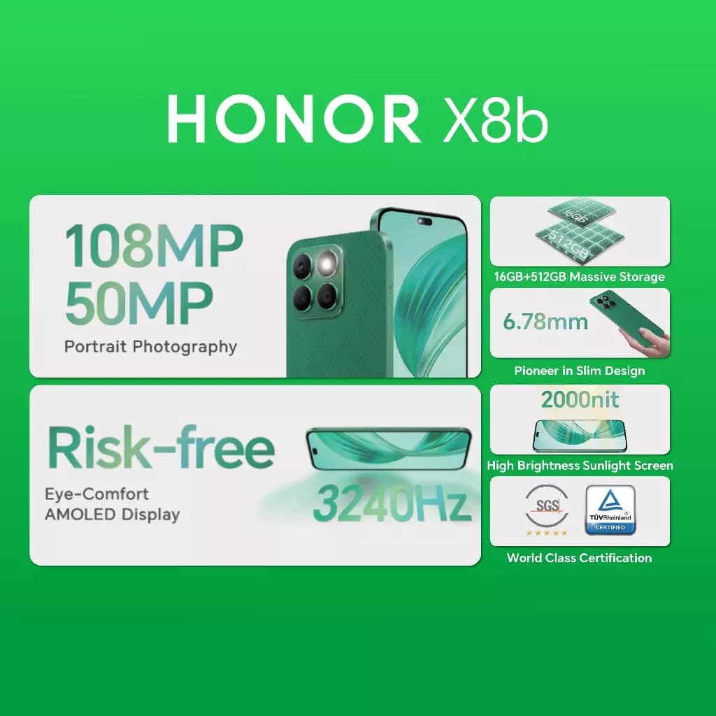 HONOR X8b | 8+512GB | หน้าจอ 6.7" AMOLED 1200nits | Chipset Snapdragon 680 (6nm) | แบตเตอรี่ 4500mAh https://lnwchill.com