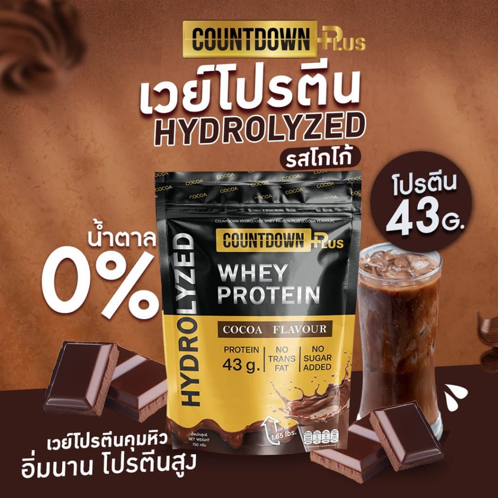 COUNTDOWN PLUS รุ่น WPH-C-750G เวย์โปรตีน ไฮโดรไลซ์ รสโกโก้ ดูดซึมไว โปรตีนสูง 43g ขนาด 750g สำหรับเสริมสร้างกล้ามเนื้อ ฟื้นฟูร่างกายหลังออกกำลังกาย https://lnwchill.com