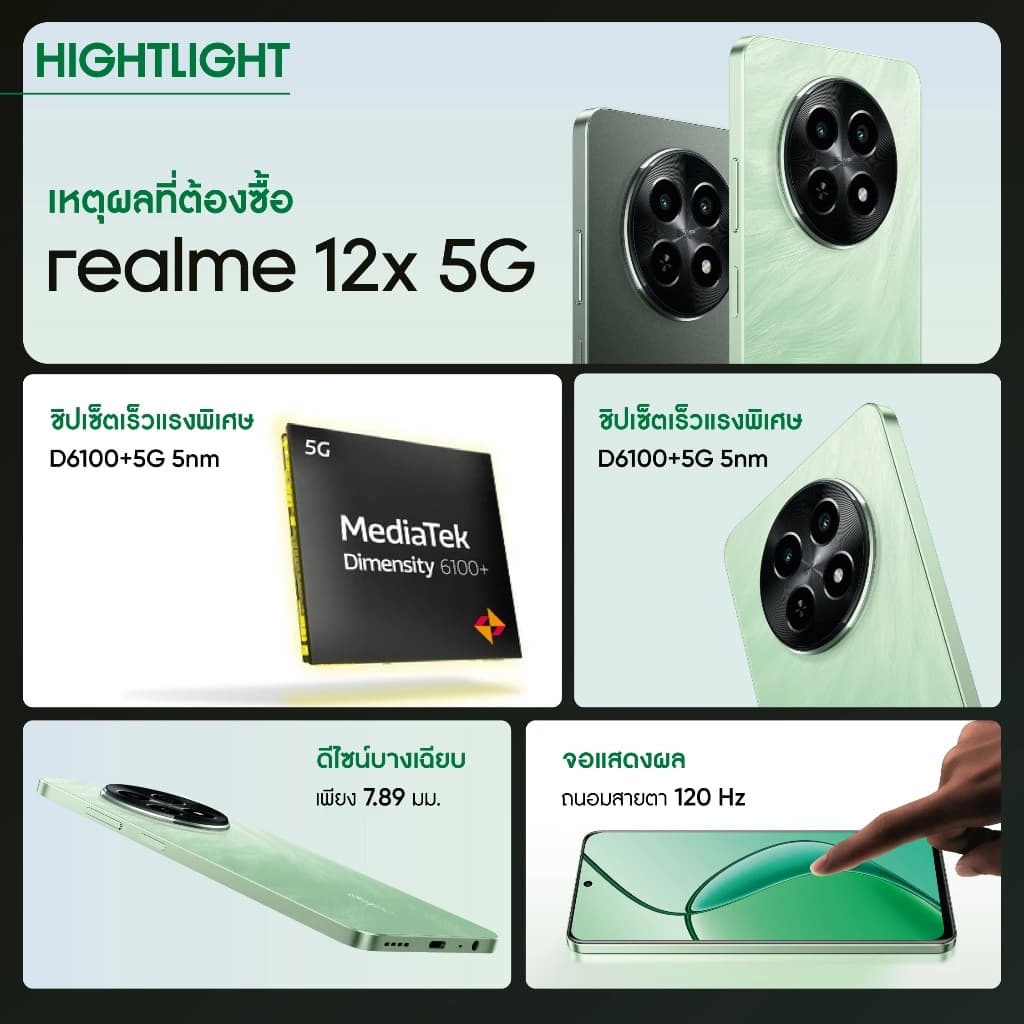 realme 12x 5G(6+128GB)ชิปเซ็ตเร็วแรงพิเศษ 6100+5G 6nm กล้อง AI 50MP ดีไซน์บาง7.89 มม. จอแสดงผล 120Hz https://lnwchill.com