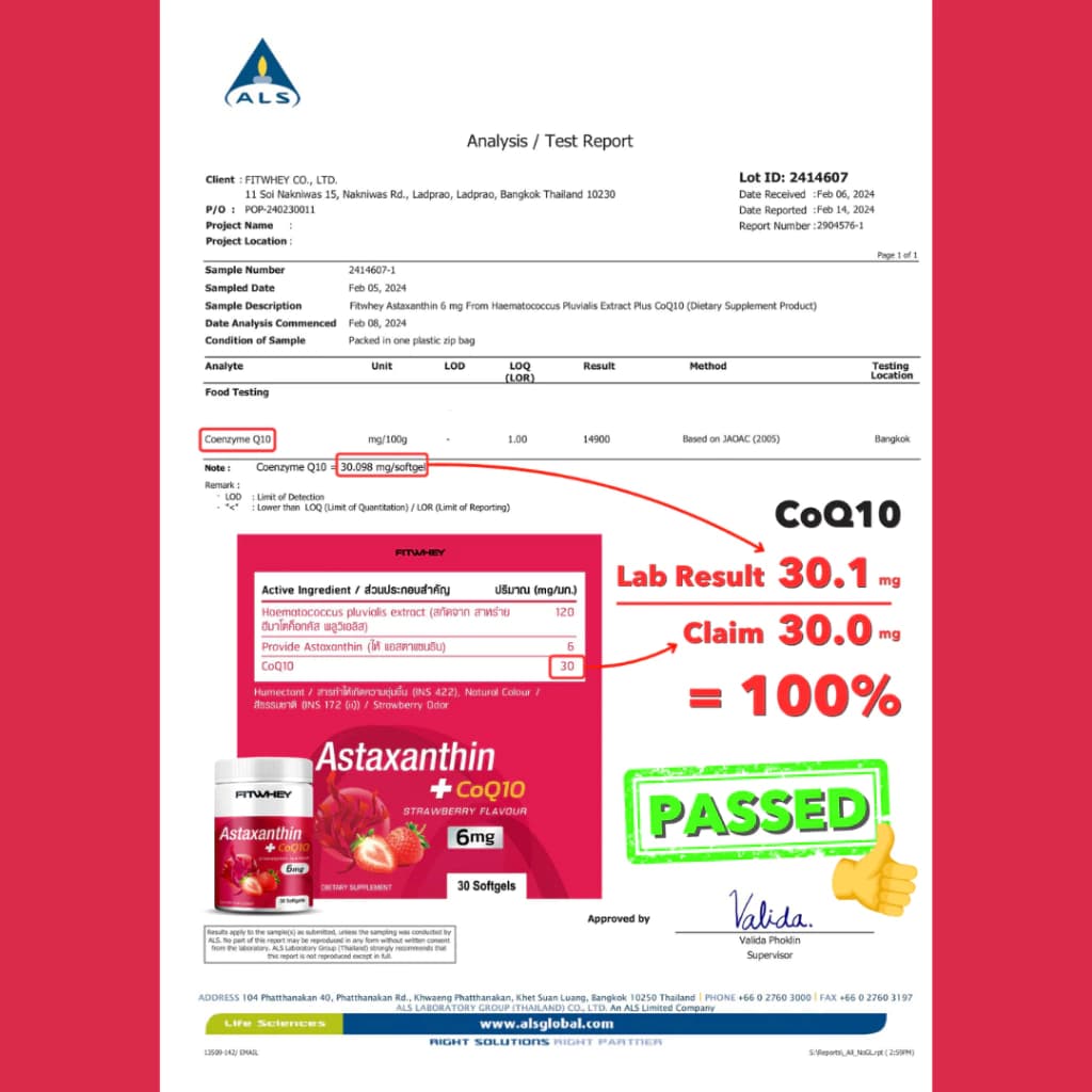 FITWHEY รุ่น Astaxanthin 6mg + CoQ10 30 softgels แอสตาแซนธินเกรดพรีเมียม สารสกัดจากสาหร่ายแดง ช่วยปกป้องผิวจากแสงแดดและรังสียูวี https://lnwchill.com