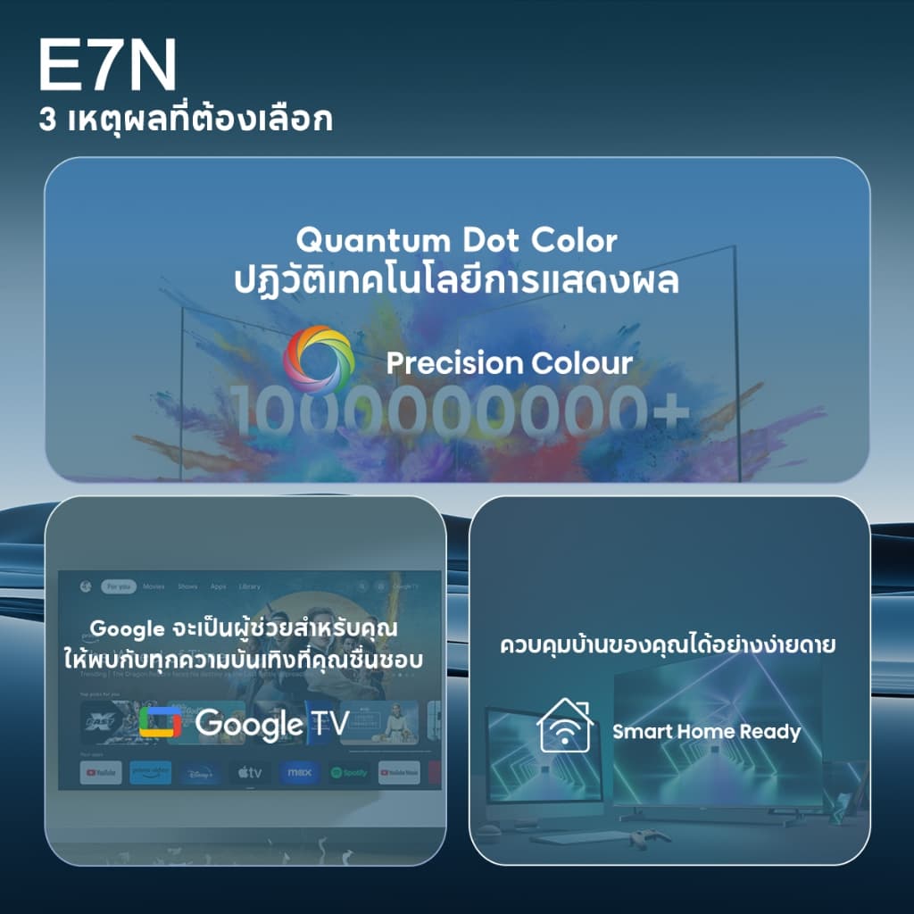 Hisense รุ่น 43E7N สมาร์ททีวี QLED 43 นิ้ว UHD 4K Google TV ภาพคมชัดด้วย Quantum Dot และเสียง Dolby Atmos เพื่อความบันเทิงสมจริง https://lnwchill.com