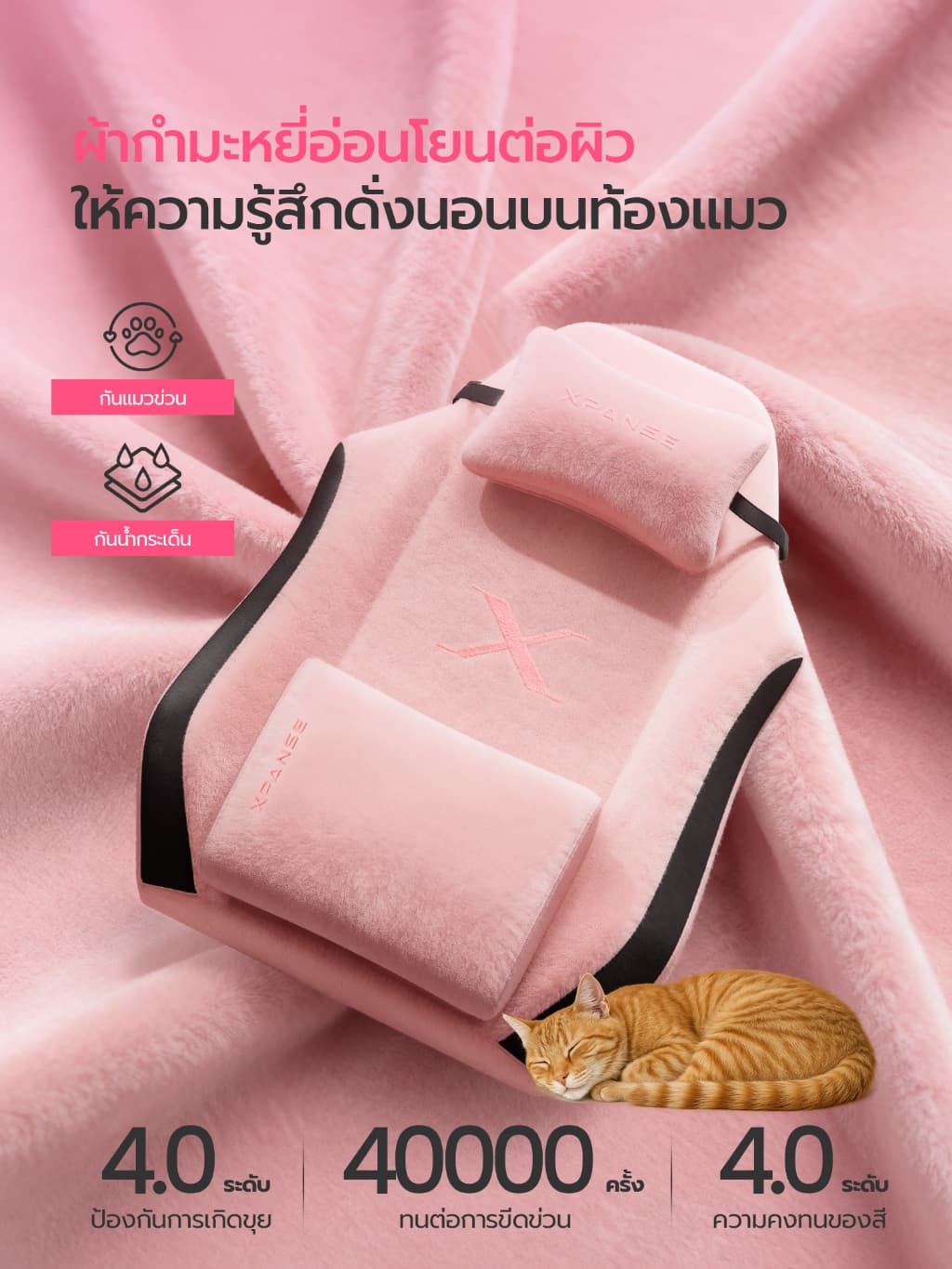 Xpanse รุ่น Xblade ผ้ากำมะหยี่พรีเมียมกันน้ำกันแมวข่วน เก้าอี้เกมมิ่งสรีรศาสตร์รองรับ 200 กก สัมผัสนุ่มนั่งสบายระบายอากาศดีสำหรับนั่งทำงานนาน https://lnwchill.com